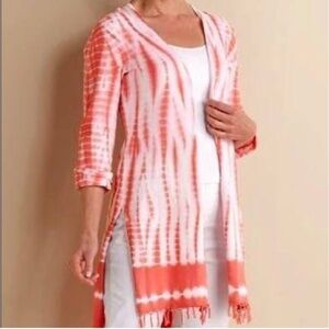 Soft Surroundings Captiva open cardigan L tie dye coral pink tassels kimono top